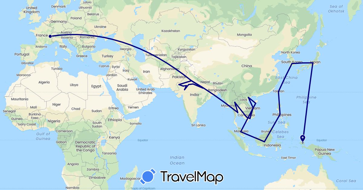TravelMap itinerary: driving in Switzerland, China, Indonesia, India, Japan, Cambodia, South Korea, Malaysia, Philippines, Thailand, Taiwan, Vietnam (Asia, Europe)